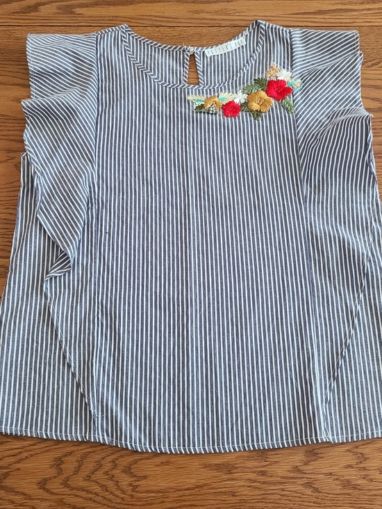 Potter's Pot Tops - Potter's Pot Striped Ruffle Sleeve Top with Floral Embroidery
